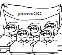 A low-quality drawing of a bunch of Peter Griffins standing together in the same pose, as they've been copied and pasted on the same canvas repeatedly. They are standing in front of a banner with "petercon 2022" written on it.