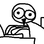 A low-quality drawing of a person excitedly typing on their computer.